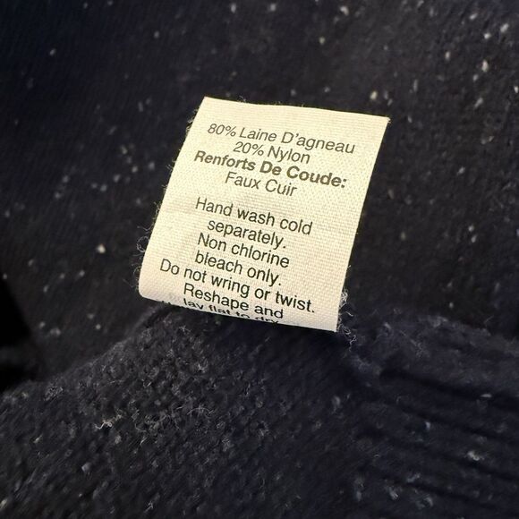 J Crew Navy Flecked Sweater LT Large Tall 80% Lambswool 20% Nylon Elbow Patches - Picture 9 of 9